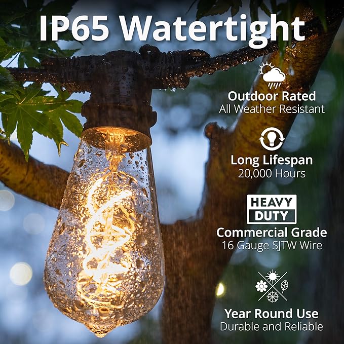 Wintergreen Lighting 15' FlexFilament LED ST64 Edison Patio Lights, Commercial Grade LED Patio Lights, 10 LED Filament Bulbs, 18" Spacing Outdoor Patio Lights