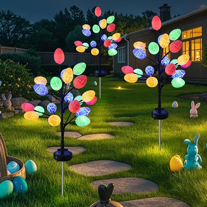 Solar Easter Egg Lights - 2 Pack LED Pathway Stake Lights | Outdoor Garden, Yard, Lawn Decor, Waterproof Lighted Eggs for Yard, Walkway,