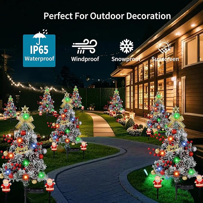 2 Packs Solar Christmas Tree - 34 Inch 40 LED Lights with 4 Glowing Mini Santas, 2 Modes, Waterproof Outdoor Solar Powered Xmas Decor for Garden Yard Pathway Lawn