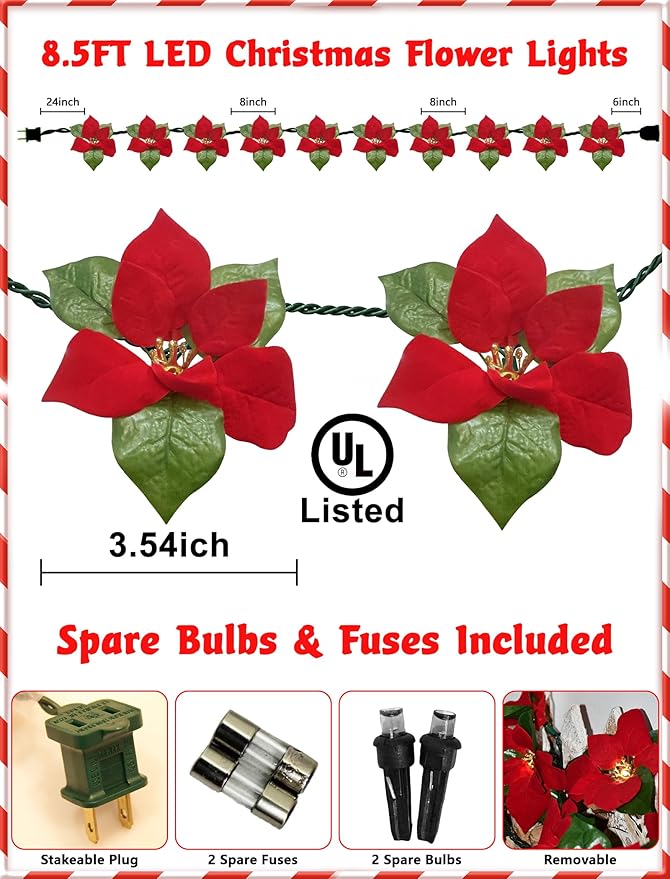 SUNSGNE 8.5FT LED Flower String Lights, Red and Green Christmas Flowers Lights with 10 LED Flowers Bulbs for Christmas Tree, Fireplace, Staircase, Walls