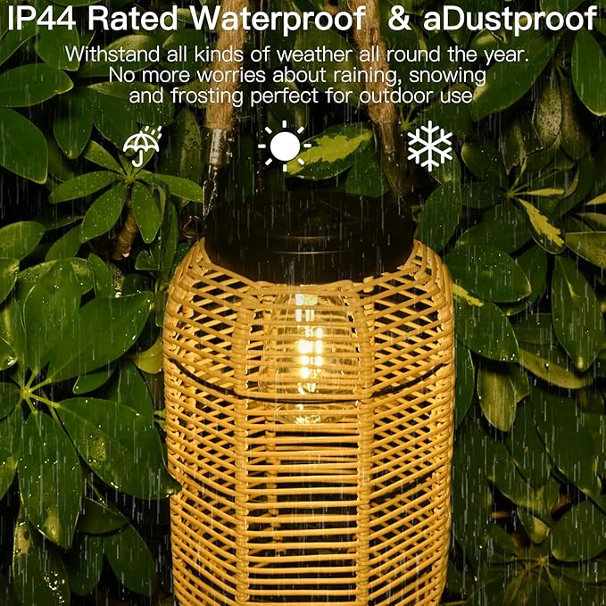 Livinlarge Solar Lantern Outdoor Hanging Lights, Large Solar Rattan Lantern Outdoor Waterproof with Twine Handle, Bright Outdoor Lanterns with Edison Bulb for Garden Patio Yard Tabletop Decoration