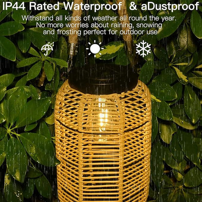Livinlarge Solar Lantern Outdoor Hanging Lights, Large Solar Rattan Lantern Outdoor Waterproof with Twine Handle, Bright Outdoor Lanterns with Edison Bulb for Garden Patio Yard Tabletop Decoration