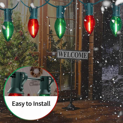 25FT C7 Christmas Lights Outdoor, Red Green Classic 2-Color LED String Lights for Roof, Fence, Tree, Traditional Holiday Decor
