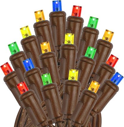 Novelty Lights 50ft 100 LED Multicolor Christmas String Lights, 6" Spacing on Brown Wire, UL Listed IP55 Commercial Grade Xmas Lights for Outdoor/Indoor, Dimmable, Connectable