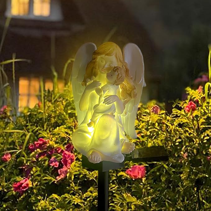 QH & Garden Angel Solar Garden Light - LED Waterproof Virgin Mary Statue Lights,Solar Powered Garden Stake Lights for Balcony, Yard, Lawn, Pathway, Walkway-Angel Statues Grave Decorations