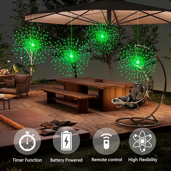 2 Pack Starburst Sphere Lights,200 LLED Firework Lights, 8 Modes Dimmable Remote Control Waterproof Hanging Fairy Light, Copper Wire Light for Patio Parties Christmas (Green)
