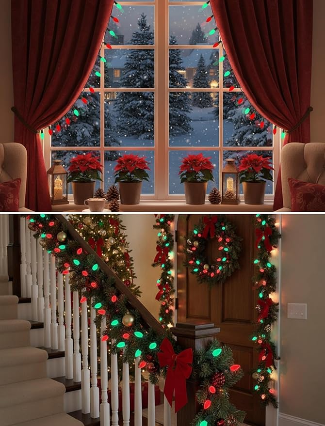 C7 Outdoor Christmas Lights - 25ft Red and Green Christmas Lights with 27 Ceramic Bulbs(2 Spare), Waterproof Extendable Christmas Tree Lights for Indoor Party Backyard Xmas Light,Green Wire