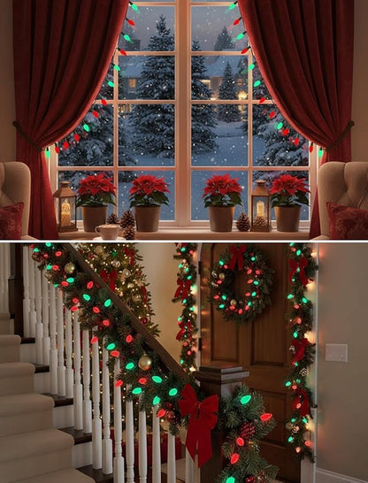 C7 Outdoor Christmas Lights - 25ft Red and Green Christmas Lights with 27 Ceramic Bulbs(2 Spare), Waterproof Extendable Christmas Tree Lights for Indoor Party Backyard Xmas Light,Green Wire