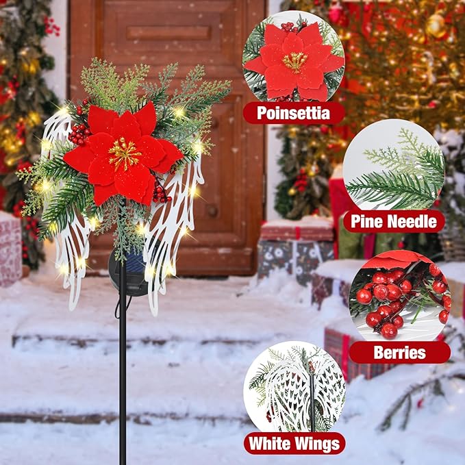 Solar Christmas Lights Outdoor Decorations, Angel Wings Garden Stake Lights Waterproof with Poinsettia Decor for Pathway, Patio, Yard, Lawn