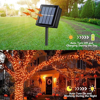 QITONG Orange Solar Christmas Lights, 2 Pack Each 66ft 200 LED Thanksgiving String Lights Outdoor Waterproof, Green Wire Twinkle Light with 8 Modes
