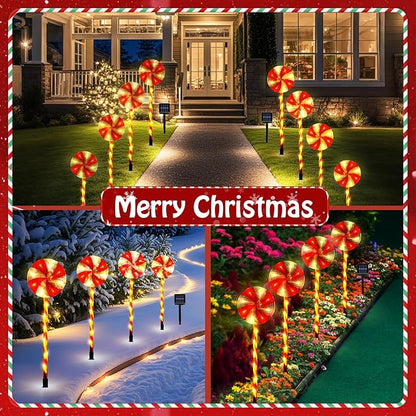 Lewondr 4 Pack Lollipop Christmas Decorations Outdoor,Solar Lighted Candy with Garden Stakes,Waterproof Garden Lawn Pathway with 2 Lighting Modes,Solar Christmas Yard Decor for Path,Xmas Party,Holiday