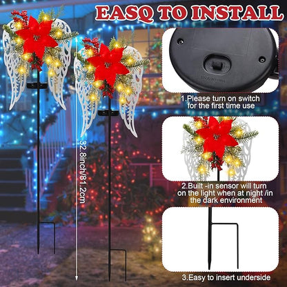 Baquler 2 Pack Christmas Outdoor Decorations Solar Stake Lights, Led Angel Wings Metal Stakes with Big Poinsettia Flower, Grave Pathway Lights for Lawn Garden Cemetery Decor