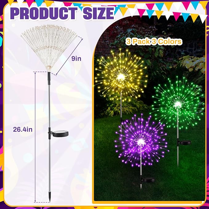 3 Pcs Mardi Gras Solar Firework Lights Solar Lights Outdoor Garden 120 LED 8 Modes Waterproof LED Sparkler Outdoor for Carnival Patio Yard Pathway Walkway (Purple,Yellow,Green)