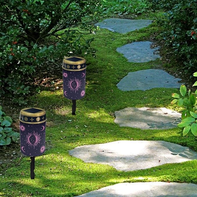 Outdoor Solar Lights for Homs,Moon Star and Sun Landscape Lighting & Accessories Black Solar Lantern,Solar Powered Fairy Lights for Outside Flame Warm White Lights Stoplight