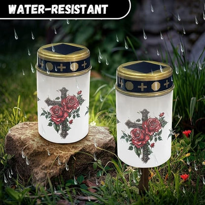 Cross Red Rose Solar Garden Lights Outdoor, Cross Solar Lights Outdoor Waterproof Solar Powered Lights for Outside Patio Yard Pathway