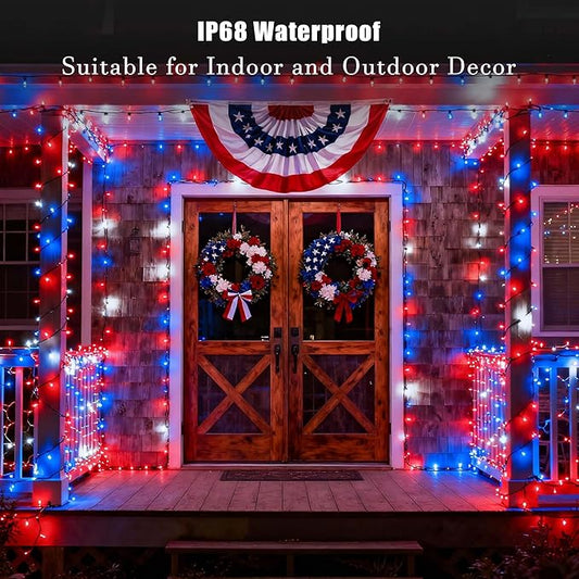 American LED String Lights (Red & White & Blue - Steady, 25FT), Mini LED USA String Lights, Waterproof Fairy Patriotic Lighted Decor for Holiday Party Patios July 4th Independence Day New Year