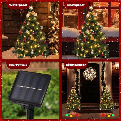 2 Pack Solar Mini Christmas Tree Decorations Lights, 30 Inch 8 Flashing Modes Waterproof Xmas Decor, 60 LED Lights with Ornaments 6 Lighted Gift Boxes for Porch Pathway Yard Garden (Warm White)