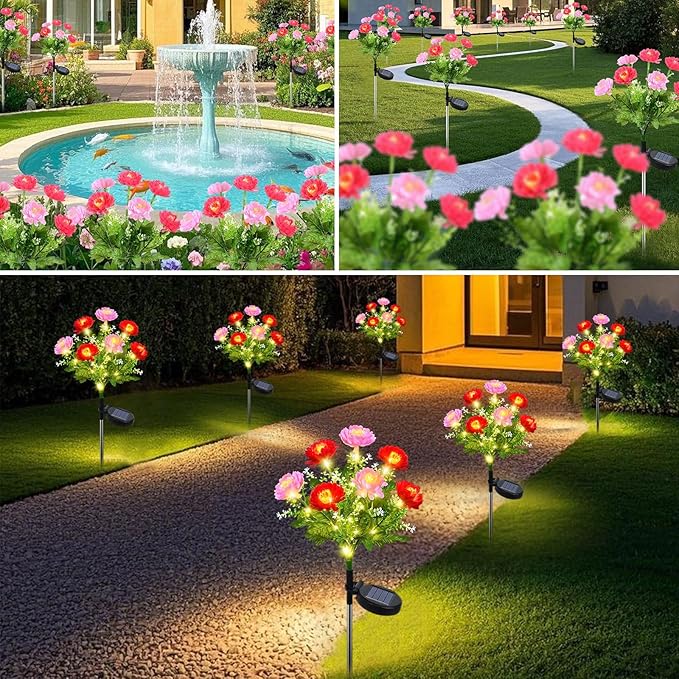 2 Pack Solar Flower Lights Outdoor - 14 Blooming Waterproof Snow Lotus Garden Lights for Patio, Yard, Pathway, and Landscape Decoration - Auto On/Off, IP65
