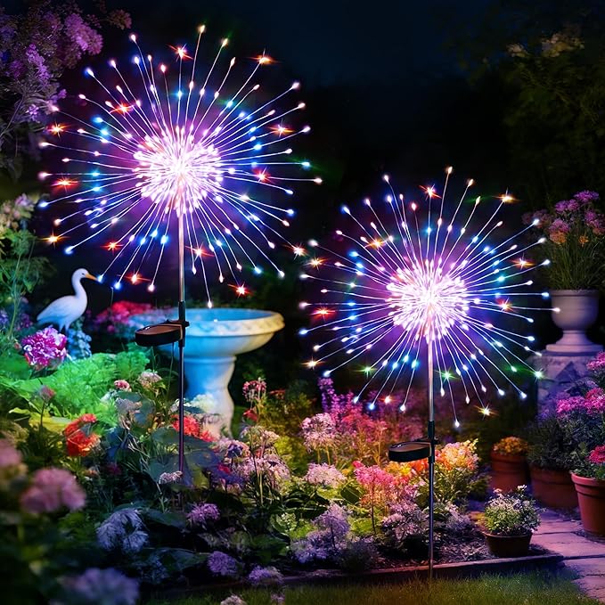 Solar Garden Lights Outdoor,Waterproof Garden,2 Pack 200 LED Twinkling Firework Lights Decorative with 8 Modes,Decor for Yard Patio Pathway Lawn for Yard Outside Fairy Decorative (Colorama-2Pack)