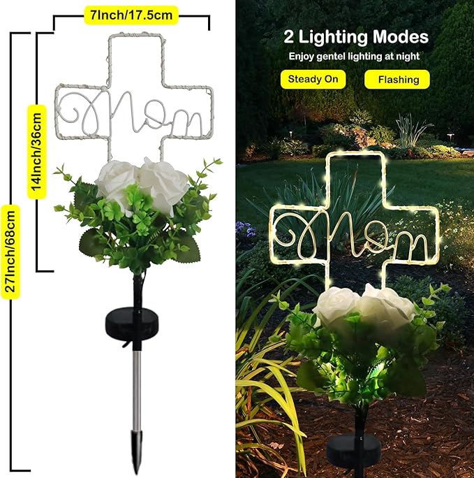 Lmtocs Grave Decorations for Cemetery Mom, Memorial Sympathy Gifts for Mom Cemetery Decorations, Waterproof Solar Cross Lights with Rose Flower for Christmas Mother Day Memorial Day Decor