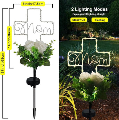 Lmtocs Grave Decorations for Cemetery Mom, Memorial Sympathy Gifts for Mom Cemetery Decorations, Waterproof Solar Cross Lights with Rose Flower for Christmas Mother Day Memorial Day Decor
