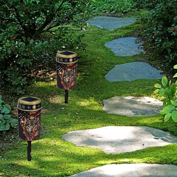 American Flag Wolf Flame Solar Garden Lights Outdoor Decorative Solar Stake Lights-Waterproof Warm White LED for Remembrance Gifts Cemetery Grave