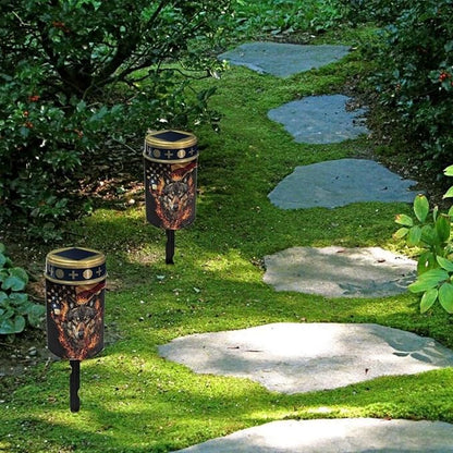 American Flag Wolf Flame Solar Garden Lights Outdoor Decorative Solar Stake Lights-Waterproof Warm White LED for Remembrance Gifts Cemetery Grave