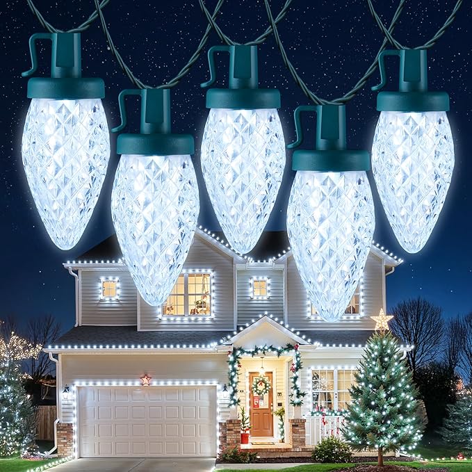 Minetom C9 Christmas Lights Outdoor, 100FT 100 LED Waterproof Strawberry String Lights, UL Certified, Connectable Green Wire Lights String for Outdoor Indoor Patio Party Roofline Backyard Xmas Decor