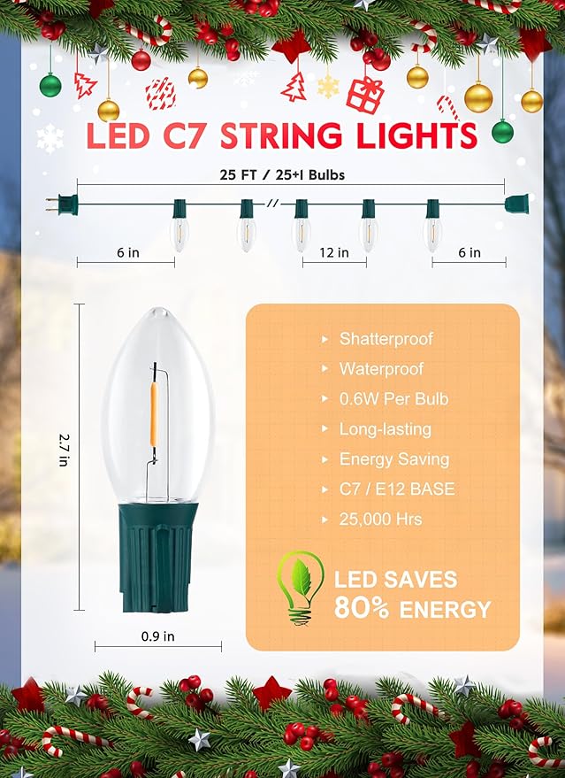 Minetom 50FT C7 LED Christmas Lights, Outdoor Vintage String Lights with 52 Bulbs(2 Spare), Commercial Hanging Christmas Lights for Xmas Holidays Roofline Patio Garden Party Wedding Decor