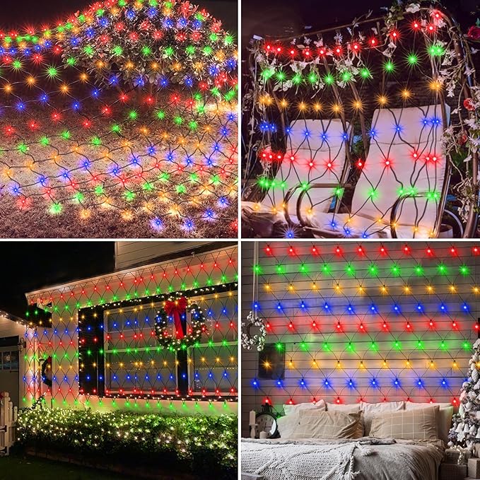echosari Solar Powered Net Lights, 200 LED 9.8Ft x 6.6Ft Bush net Lights Dark Green Wire Auto On/Off 8 Modes for Bushes Shrubs Lawn Decor (Multicolor)