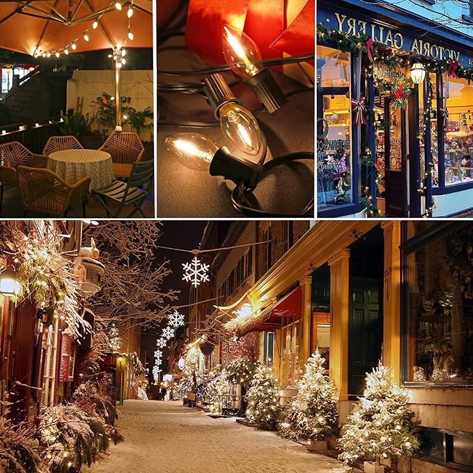 25Ft C7 LED String Lights Outdoor with 27 Clear LED Bulbs(2 Spare), Vintage Christmas String Lights for Christmas, Cafe, Patio, Party Decor, Green Wire