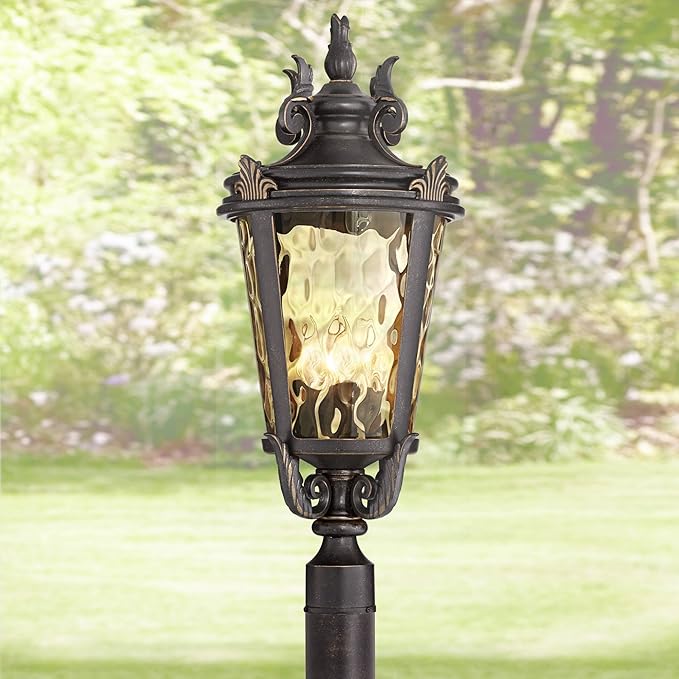 John Timberland Casa Marseille European Outdoor Post Light Fixture Bronze Scroll 28" Hammered Glass for Exterior | Lumora