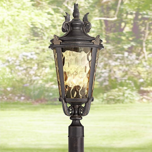 John Timberland Casa Marseille European Outdoor Post Light Fixture Bronze Scroll 28" Hammered Glass for Exterior House Porch Patio Outside Deck Garage Yard Garden Driveway Home Lawn Walkway