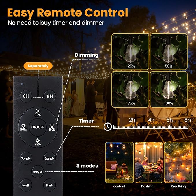 VUAA 150FT Solar Outdoor String Lights Waterproof, Solar Powered Patio Lights with 52 Shatterproof ST38 Edison Bulbs & Remote Control,LED Dimmable Solar String Lights for Outside