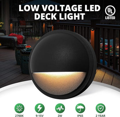 GKOLED Low Voltage LED Deck Lights, Landscape Step Stair Railing Light with 2W Integrated LED Chips, Die-cast Aluminum 12V AC/DC Accent Lighting Fixtures with Black Powder Coated Finish (4-Pack)