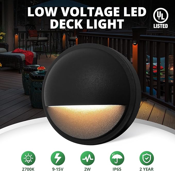GKOLED 12 Pack Low Voltage LED Deck Lights, Landscape Step Lights Fixtures, 2W Integrated LED Chips, Die-cast Aluminum 12V AC/DC Railing Post Accent Lighting, Black Powder Coated Finish, UL-Listed