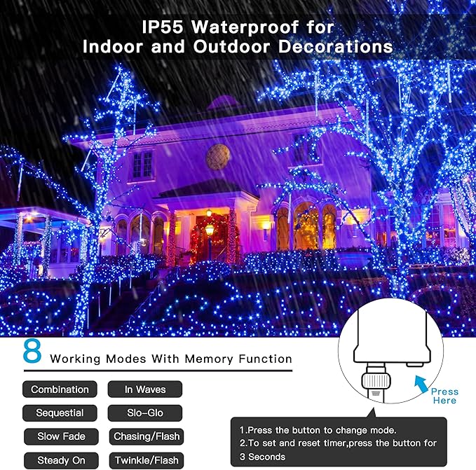 AmyHomie Blue Christmas Lights, 108Ft 300LED Halloween String Lights Outdoor Waterproof, End-to-End Indoor Fairy | Lumora