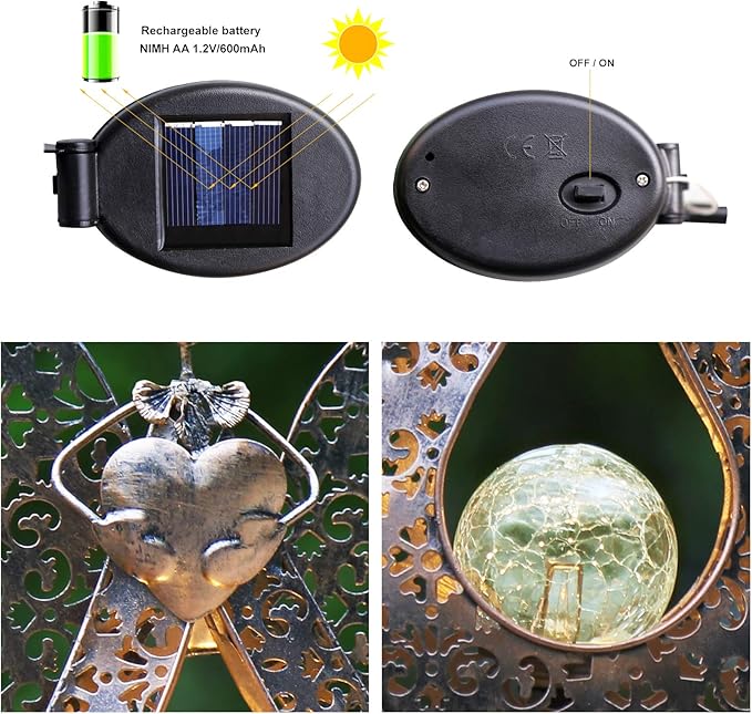 Solar Garden Lights - Waterproof Metal Solar Warm White LED Stake Lights with Crackle Glass for Lawn, Pathway, Patio Decor