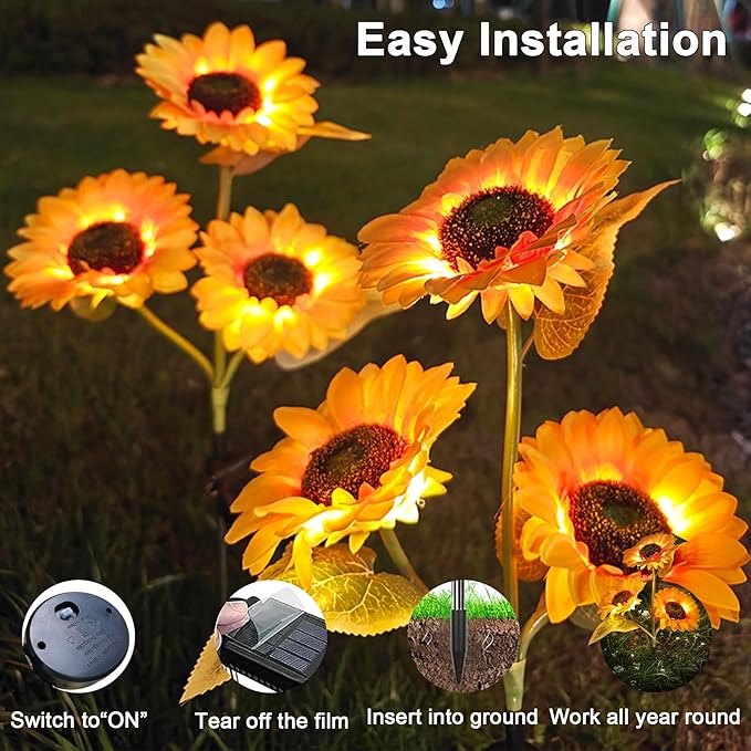 Solar Lights Outdoor Decorative, Upgraded 2 Pack with 6 Solar Sunflower Lights, Waterproof Outdoor Garden Decor, Auto On/Off Solar Lights for Patio, Yard & Pathway Decor