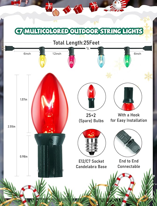C7 Christmas Lights Outdoor, 25Ft Vintage Christmas String Lights with 27 Multicolor Clear Bulbs, Hanging Christmas Decorations Lights for Xmas Tree Roofline House Garden Patio Yard-Green