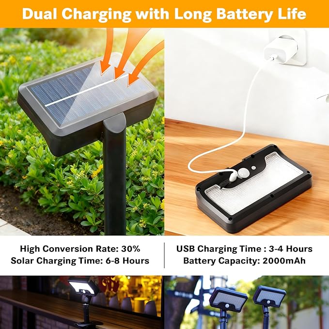 Pacify Clip On Solar Lights Outdoor with Motion Sensor, 92 LED 600LM Adjustable Solar Clip Lights, IP65 Waterproof Clamp Solar Lights for Fence Deck Gutter Camping Security(2 Pack Warm White 3000K)