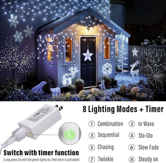 Joomer Christmas Icicle Lights - 66FT String Lights Outdoor Waterproof, 8 Modes Timer Connectable Plug-in String Light for Eaves, Roofs, Christmas Decorations (White, Non-Connectable)