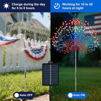 4th of July Decorations Firework Solar Lights Outdoor, 8 Modes & Timer Remote Red White and Blue Patriotic Lights with 180 LED for Garden Yard Patio Pathway Lawn Fourth of July Decor(2 Set of 2 Pack)