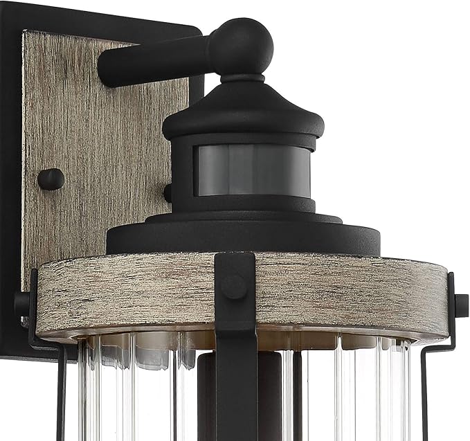 John Timberland Stan Rustic Outdoor Wall Light Fixture Wood Finish Black 15 1/2" Pleated Glass Motion Sensor Dusk to Dawn Decor for Exterior House Porch Patio Outside Deck Garage Yard Front Door