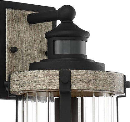 John Timberland Stan Rustic Outdoor Wall Light Fixture Wood Finish Black 15 1/2" Pleated Glass Motion Sensor Dusk to Dawn Decor for Exterior House Porch Patio Outside Deck Garage Yard Front Door