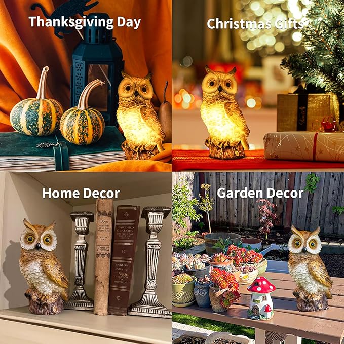 Solar Owl Garden Statues Outdoor Decor Resin Owl Figurine with LED Lights Owl Sculpture for Porch Patio Lawn Yard | Lumora