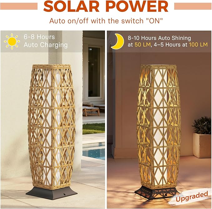 Grand patio Outdoor Floor Lamp Solar Lantern, Water-Resistant Natural Wicker Boho Patio Light with 50/100 Lumens Dual Brightness & Memory Mode for Garden Porch Deck Decor, Large Cindy Natural