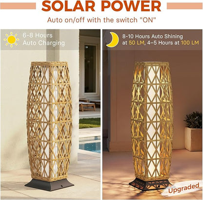 Grand patio Outdoor Floor Lamp Solar Lantern, Water-Resistant Natural Wicker Boho Patio Light with 50/100 Lumens Dual Brightness & Memory Mode for Garden Porch Deck Decor, Large Cindy Natural