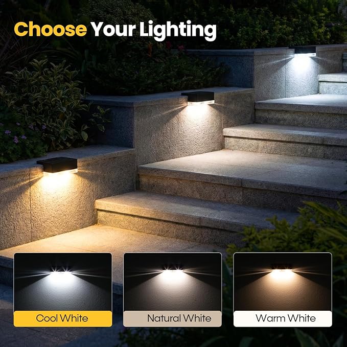 Solar Deck Lights 8 Pack, 3 Color Modes Soft Warm/Natural/Cool Glow, IP65 Waterproof Step Lights for Outdoor Ambiance, Solar Lights for Fence, Deck, Railing, Patio & Backyard Decor (Black)