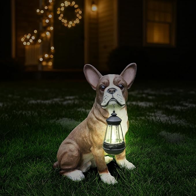 Outdoor Boston Terrier Dog Statue with Interchangeable Welcome Sign and Detachable Solar Lantern –LED Light Garden Dog Sculpture Décor, Cute Puppy Design for Yard, Porch, Gift